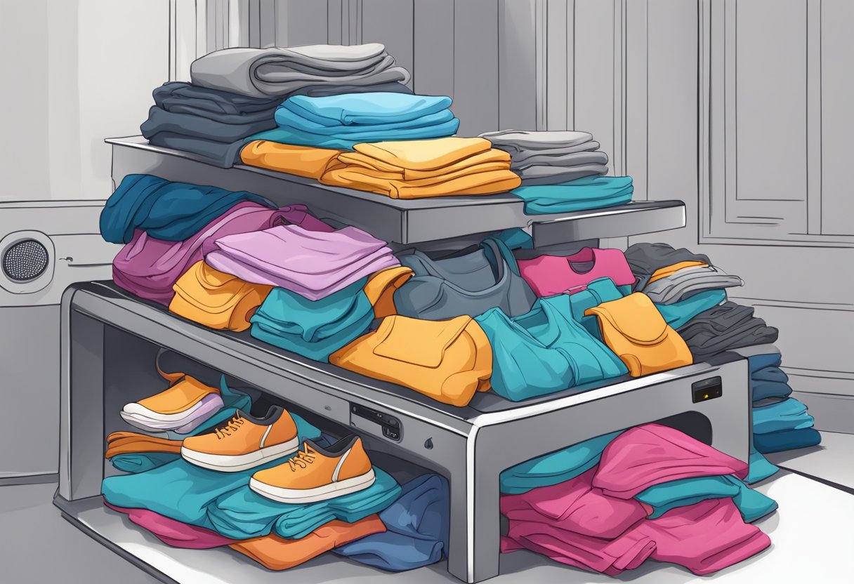 A pile of active wear items being sorted into separate piles before being loaded into a washing machine