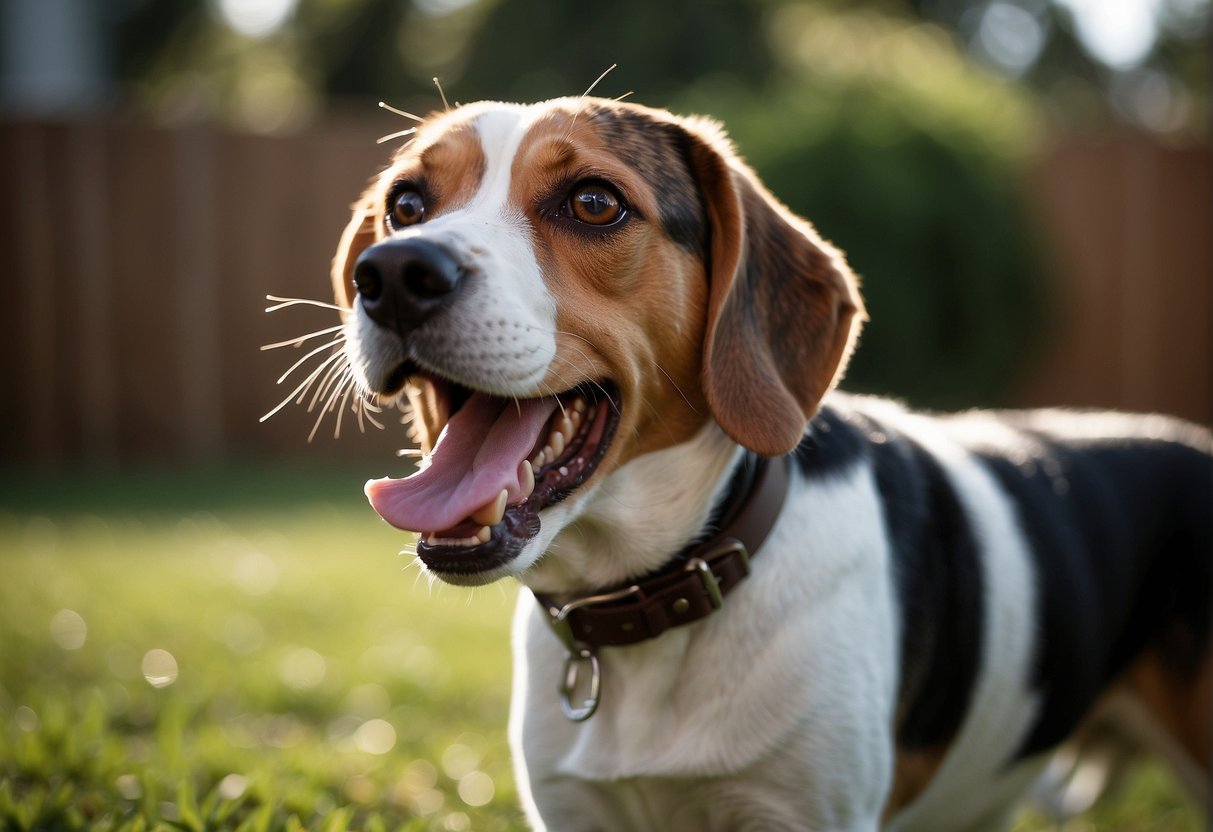 A beagle barking loudly in a backyard, ears perked up, tail wagging