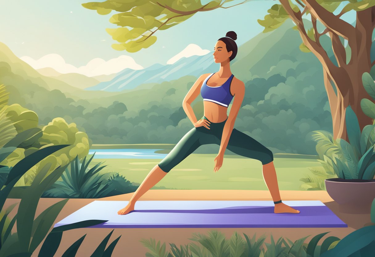 A woman in modern active wear, surrounded by nature and engaging in exercise or yoga