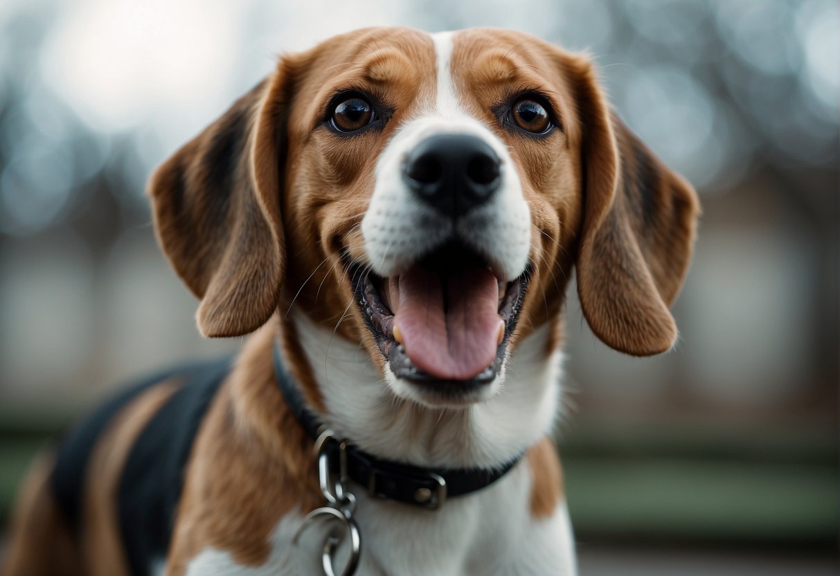 A beagle barking loudly in a playful manner, with its tail wagging and ears perked up