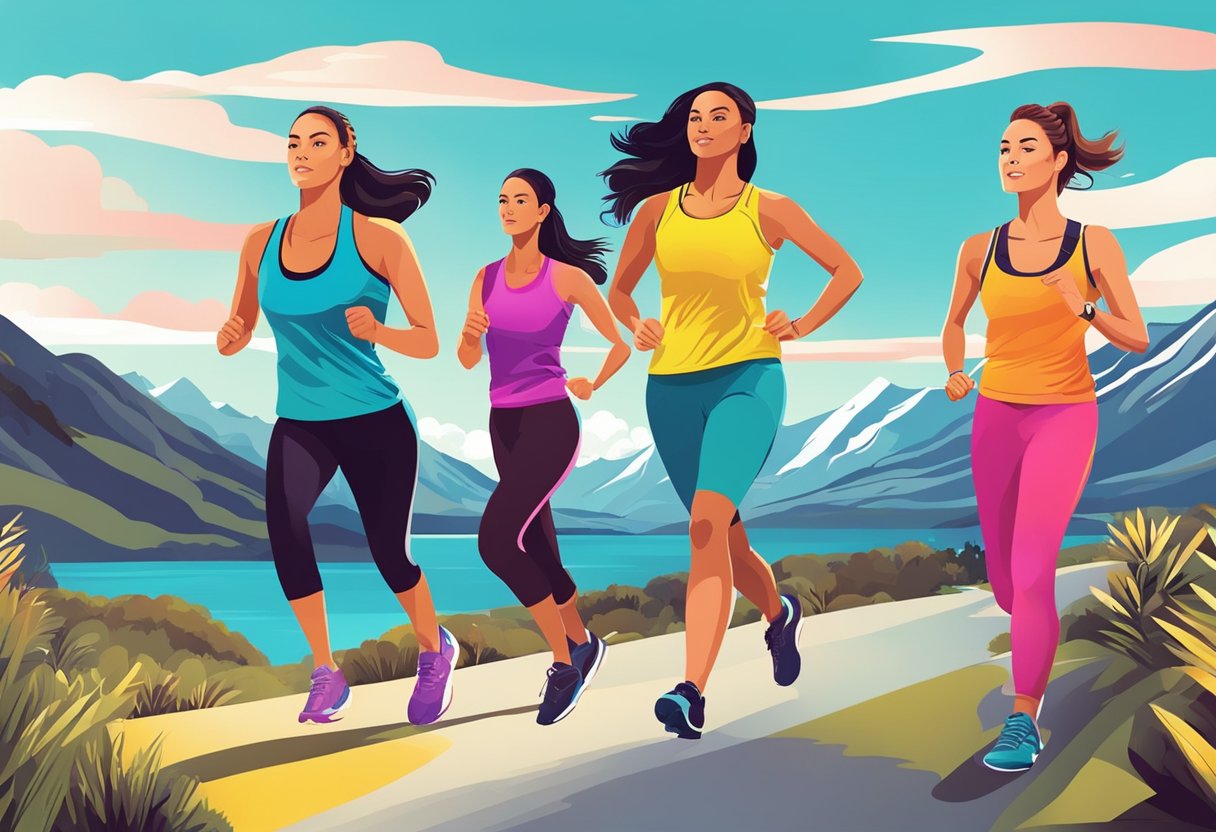 A group of women in colorful and stylish active wear, engaged in various fitness activities outdoors in the beautiful New Zealand landscape
