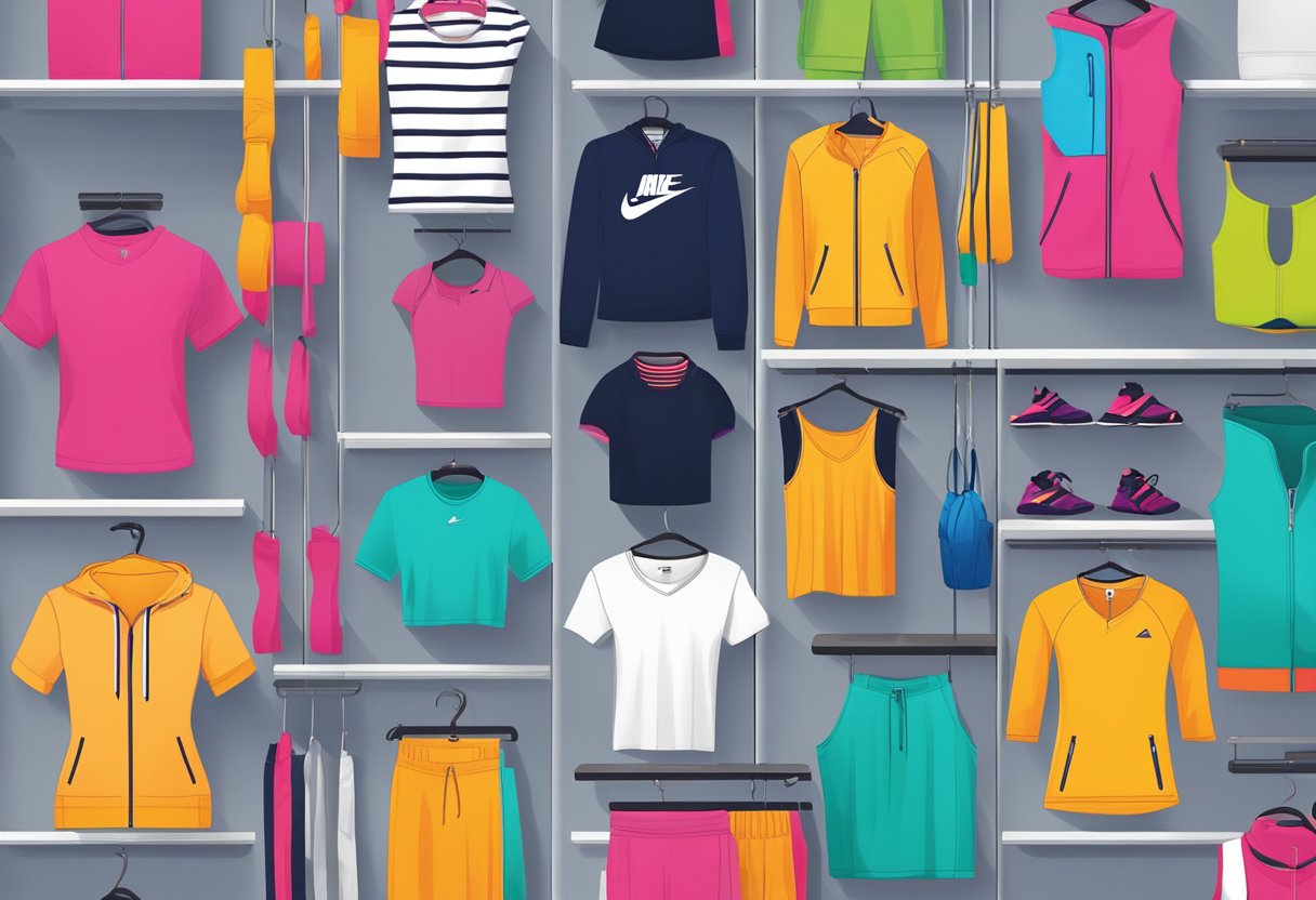 A vibrant display of popular womens active wear brands and retailers in New Zealand. Bright colors and sleek designs fill the shelves, with logos and labels prominently displayed