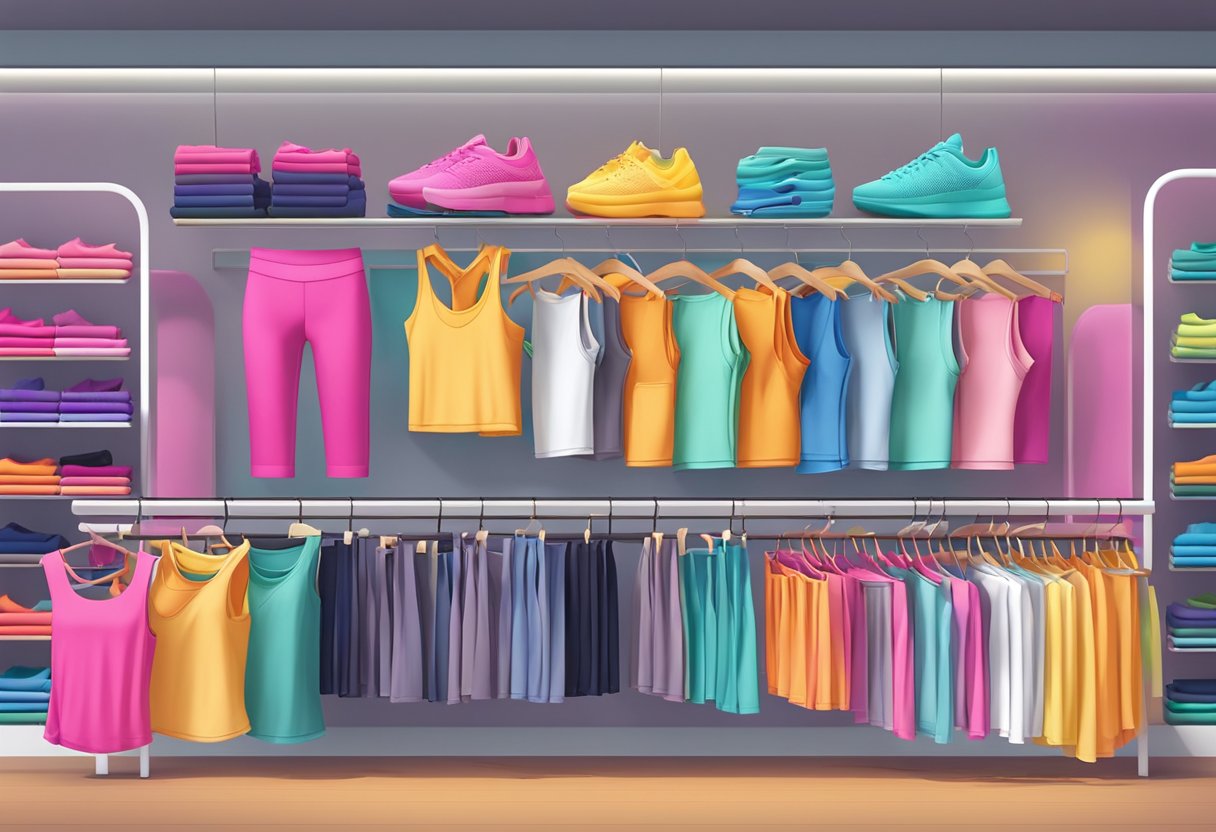 A colorful display of women's active wear, including leggings, sports bras, and tank tops, arranged on a rack in a bright and modern retail store