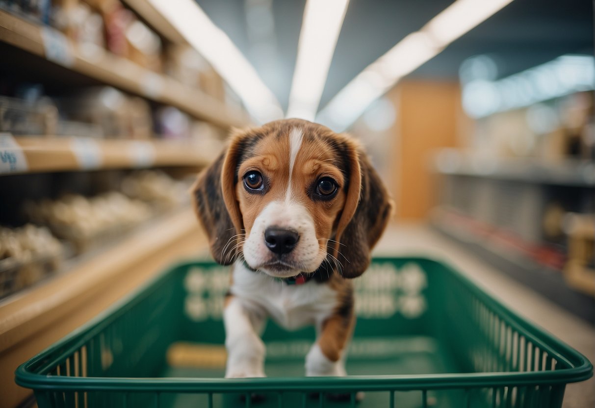 A beagle puppy being purchased at a pet store or from a breeder