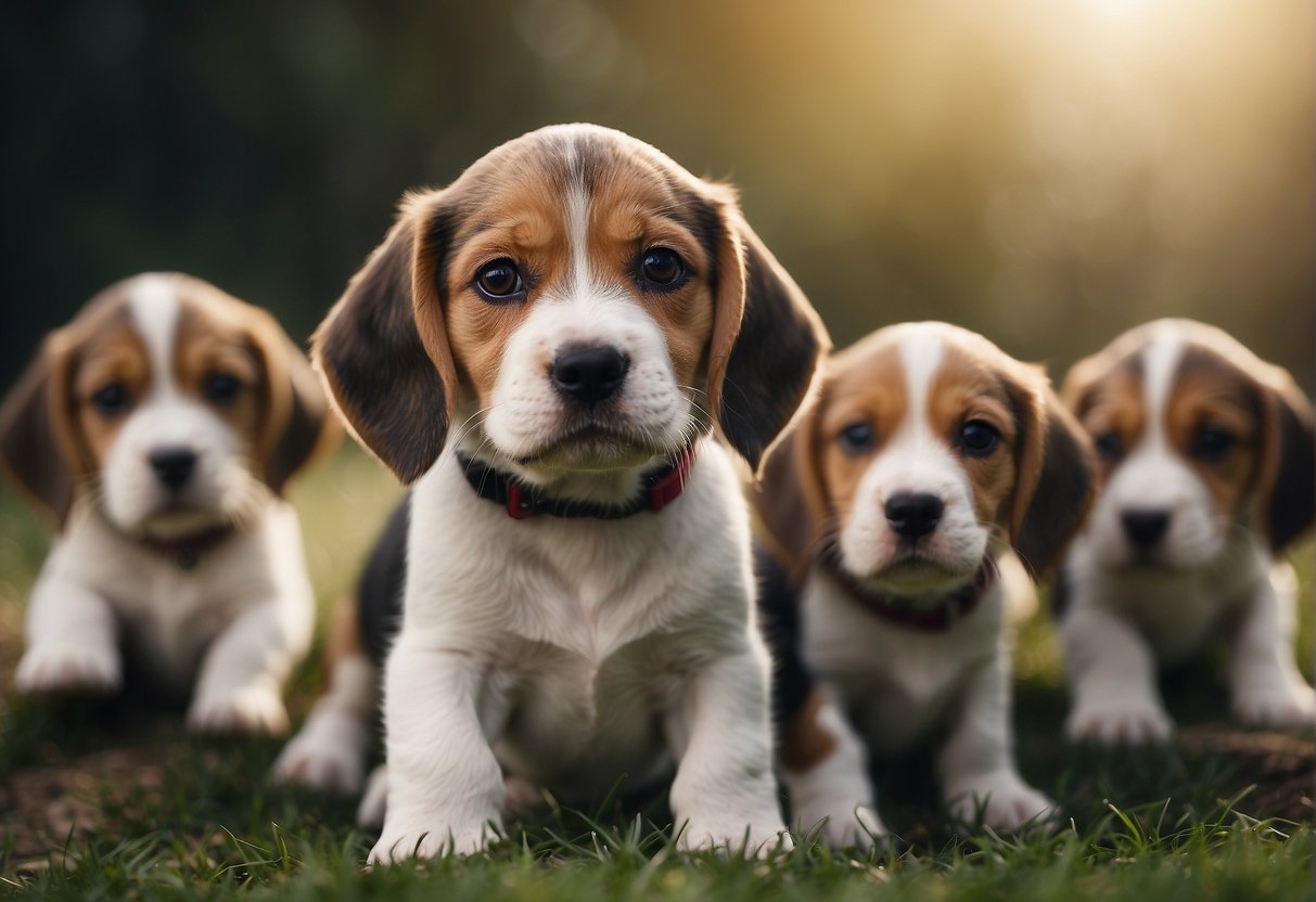 A Beagle puppy being chosen from a litter, with other puppies nearby
