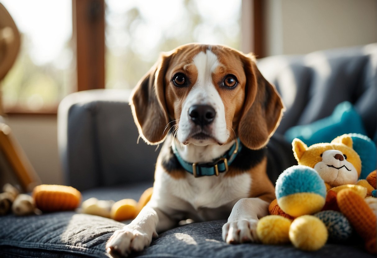 A Beagle lounges on a cozy dog bed, surrounded by toys and treats. A sunny window illuminates the room, casting a warm glow on the happy pup