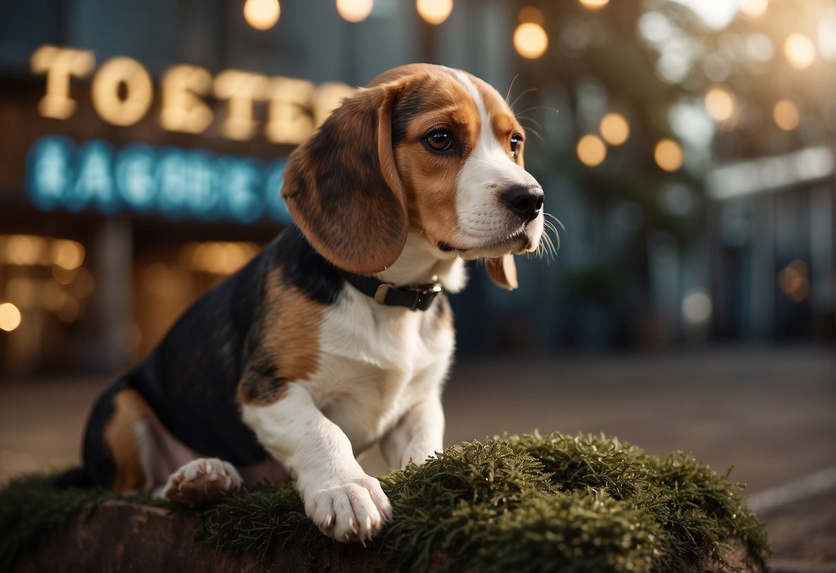 A beagle puppy sitting in front of a sign that reads "Frequently Asked Questions où acheter un chiot beagle" with a curious expression on its face