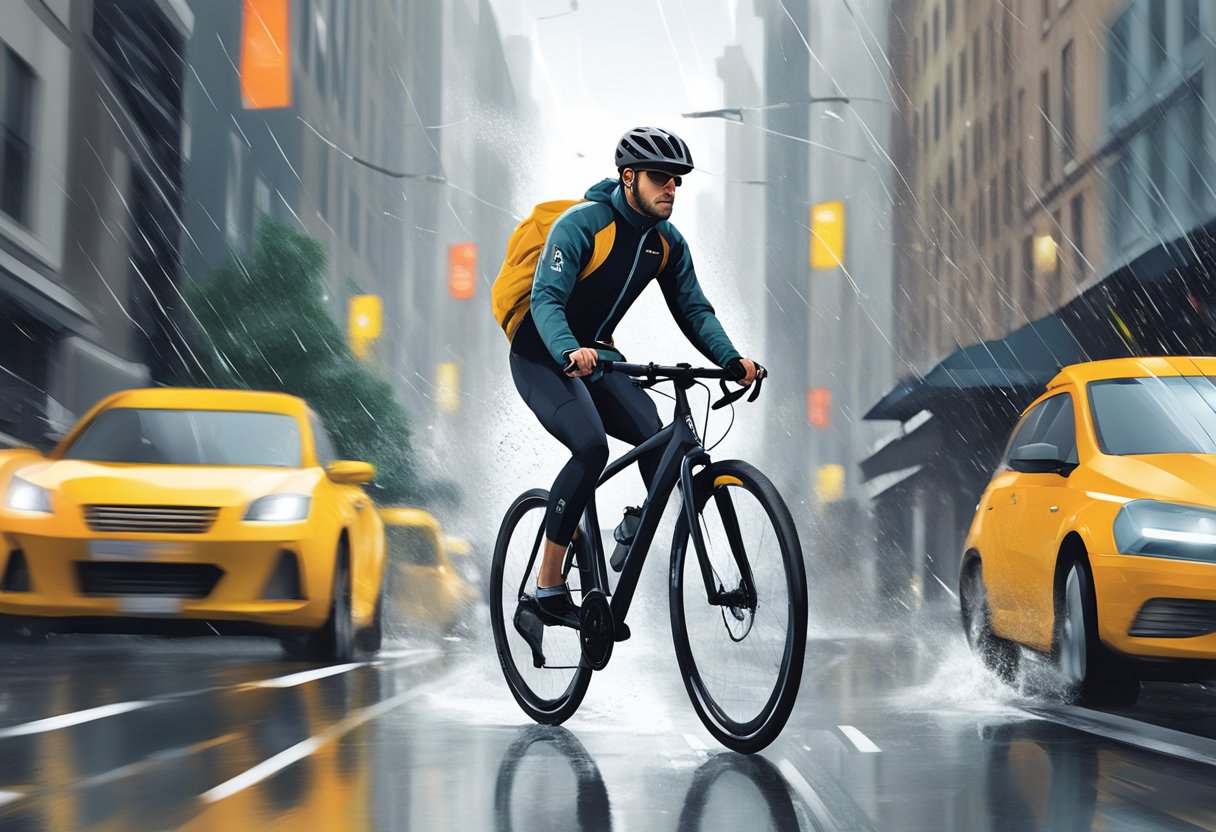 A cyclist wearing Gore Bike Wear One GTX Active, riding through a rainy and windy urban environment