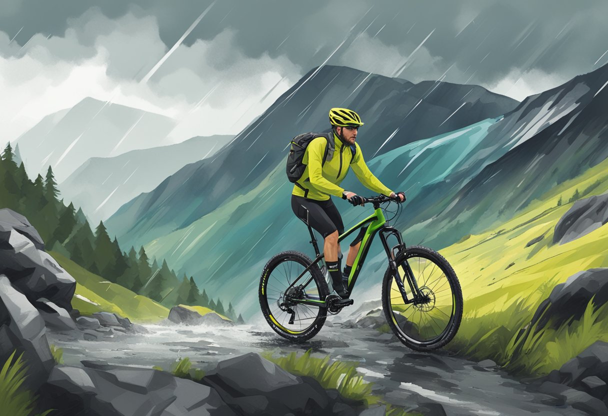 A cyclist wearing a Gore Bike Wear One GTX Active jacket, riding through a rugged mountain trail in the rain