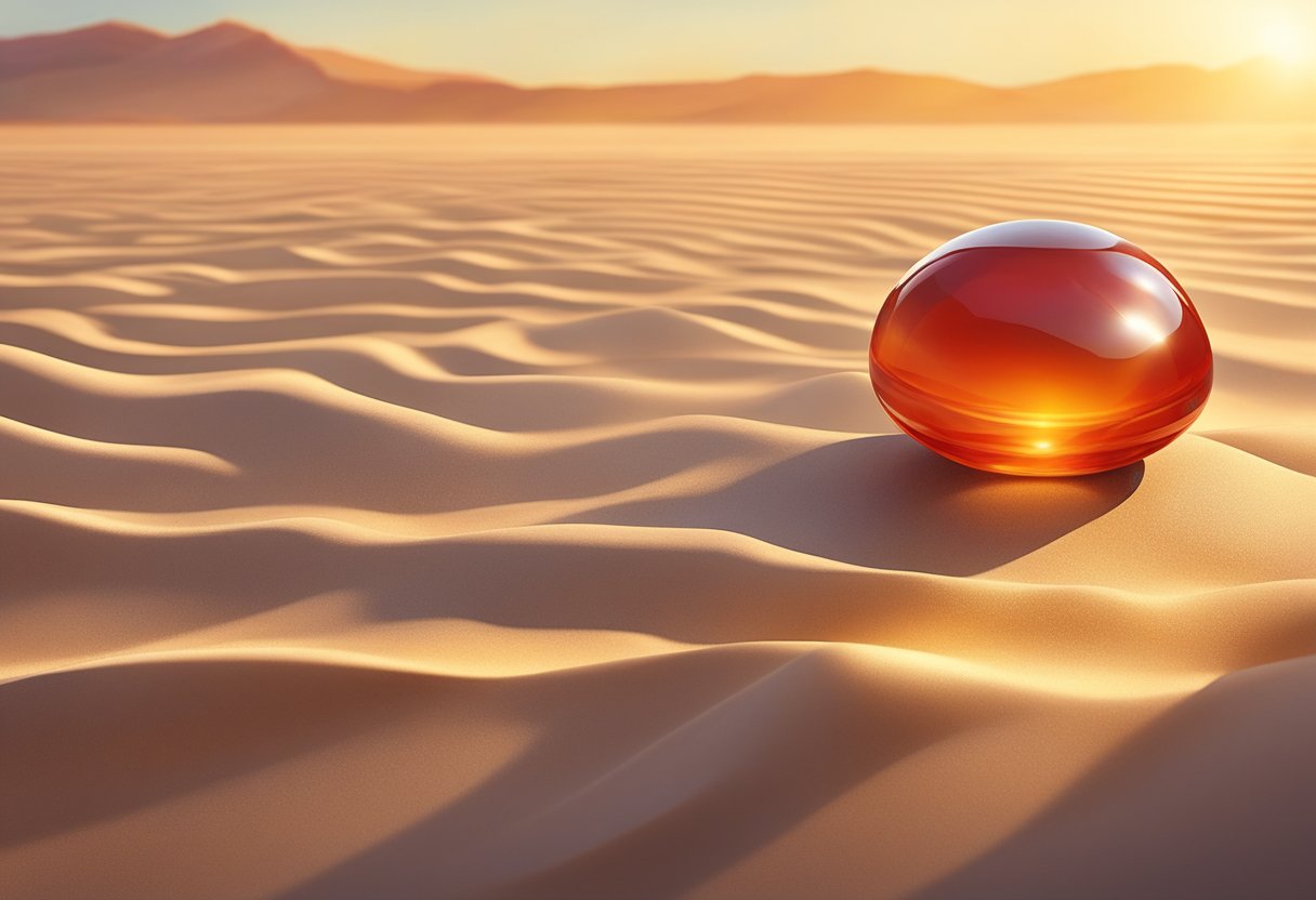 A vibrant red carnelian gemstone sits atop a bed of shimmering golden sand, reflecting the warm sunlight
