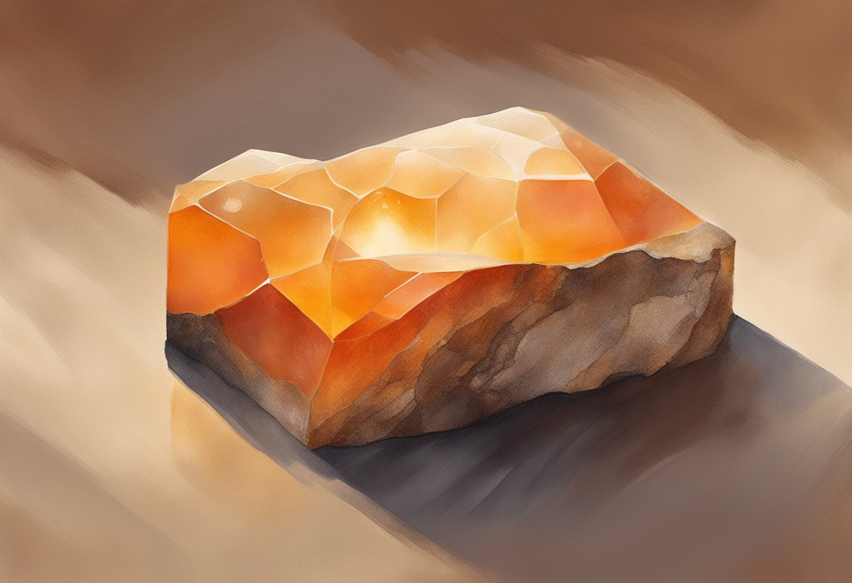 A vibrant carnelian stone sits atop a bed of rough, earthy textures, contrasting with its smooth, polished surface. Rich, warm tones emanate from the stone, casting a soft glow over the surrounding elements