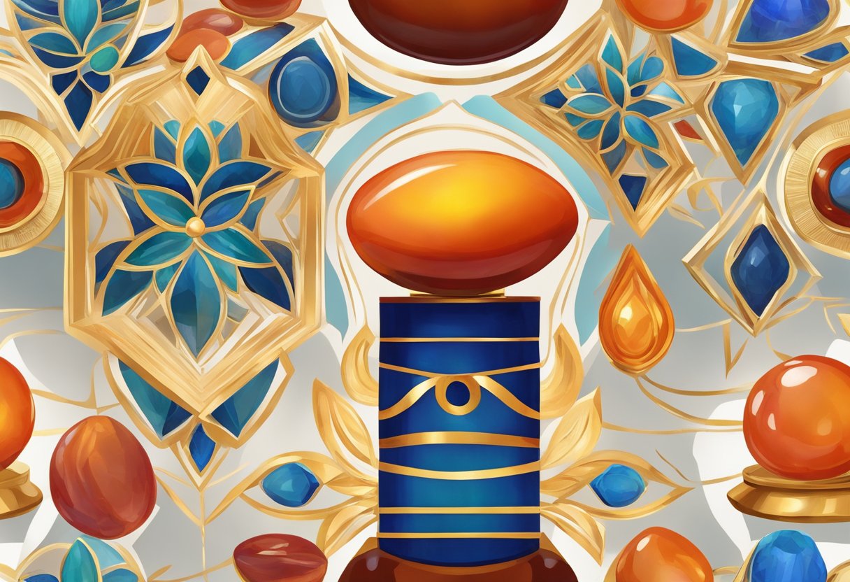 A vibrant carnelian gemstone sits atop a golden pedestal, emanating warmth and vitality, symbolizing strength and courage in various cultural contexts