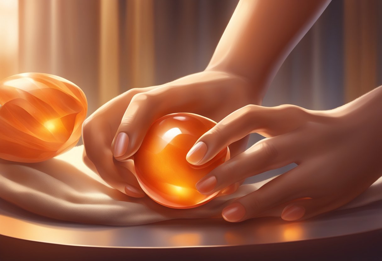A hand gently polishing a smooth carnelian gemstone, with a soft cloth and a warm, golden light illuminating the scene
