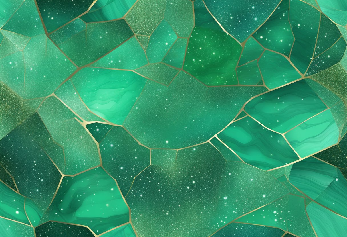 Aventurine's shimmering green surface reflects light, with flecks of metallic inclusions sparkling throughout