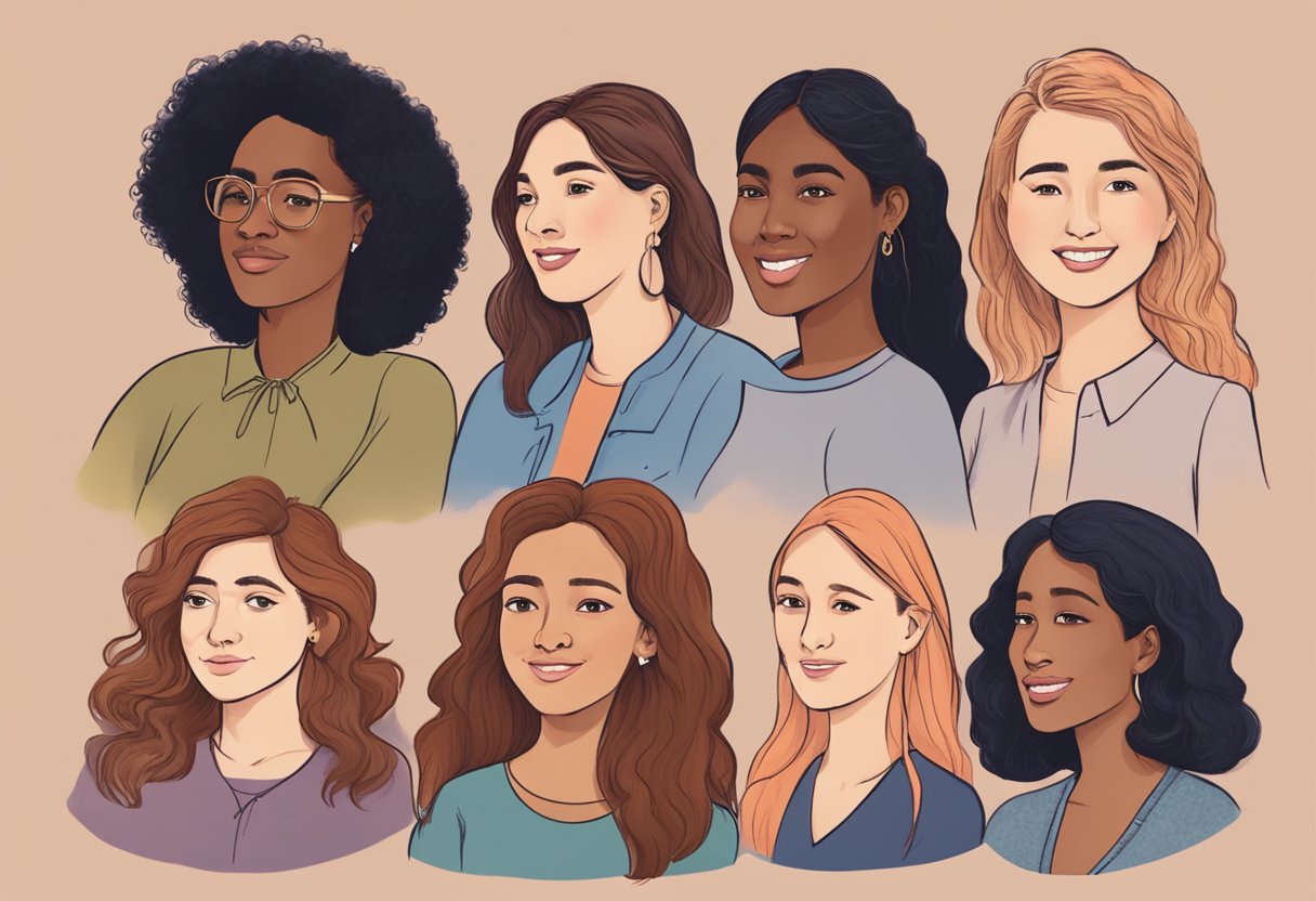 A group of diverse women interacting in various scenarios, showcasing different personality traits and characteristics of the "Understanding Girlfriend Archetypes."