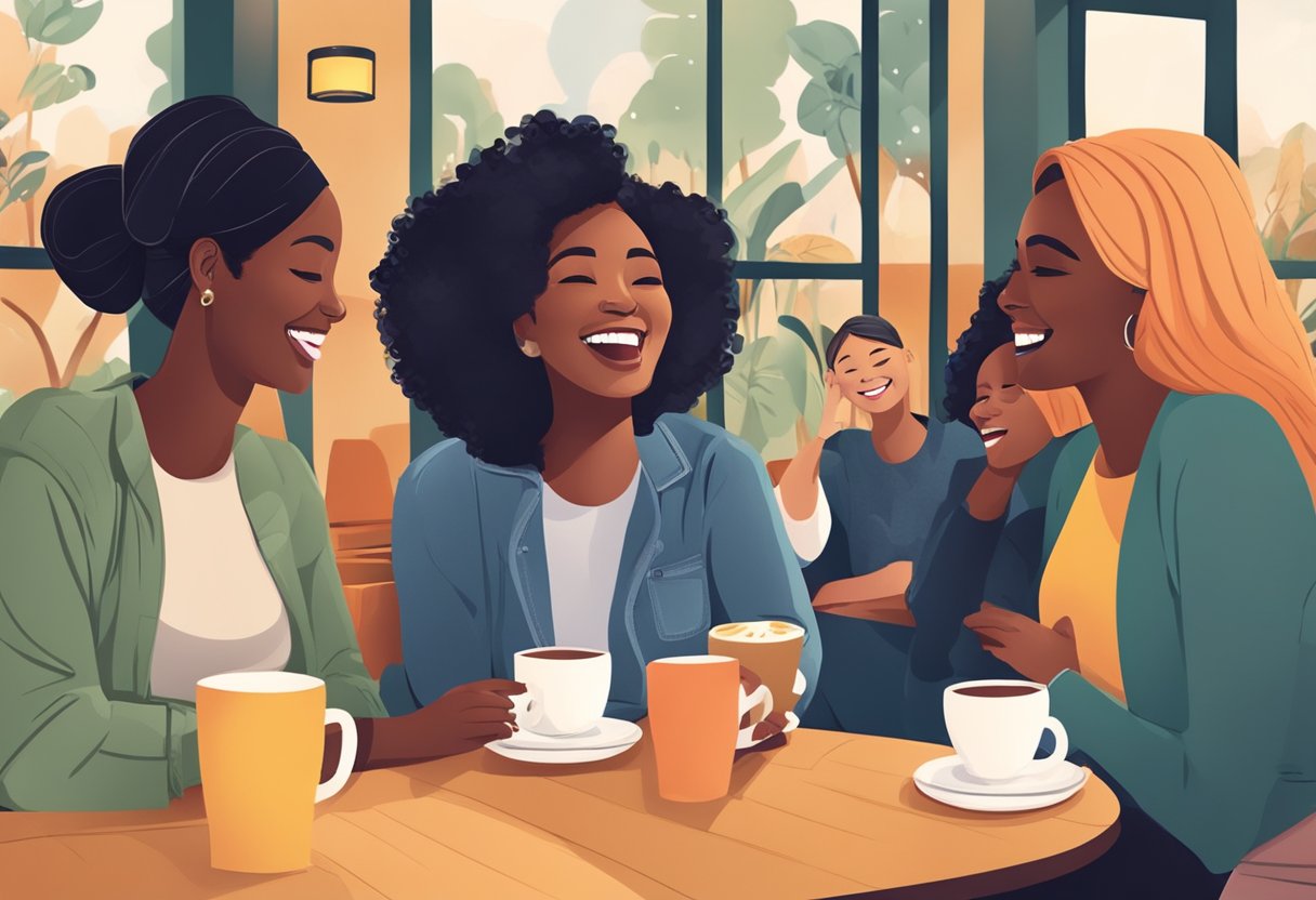A group of diverse women laughing, chatting, and enjoying each other's company in a cozy cafe setting