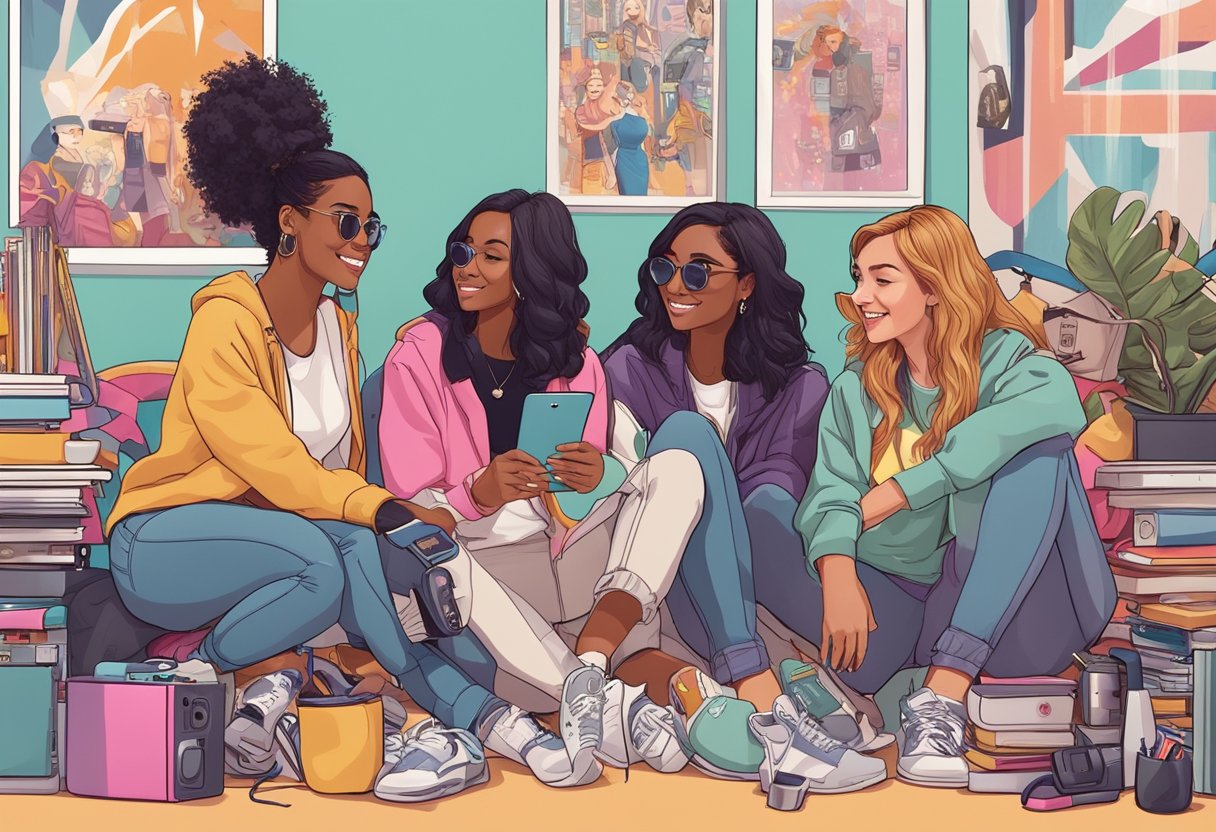 A group of diverse girlfriends bonding over their love for pop culture and media, surrounded by posters, merchandise, and gadgets