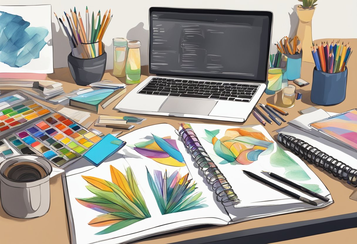 A table with various art supplies scattered around, a sketchbook open with drawings of different styles, and a laptop displaying artwork being shared online