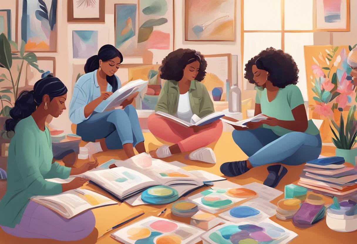 A group of diverse women reading and discussing various case studies and artist spotlights, surrounded by art supplies and colorful illustrations