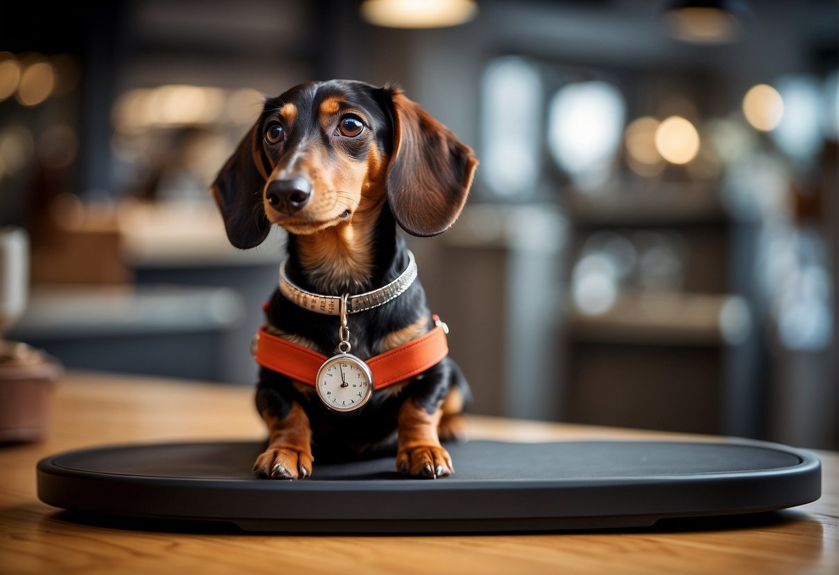 A dachshund sits on a scale next to a price tag