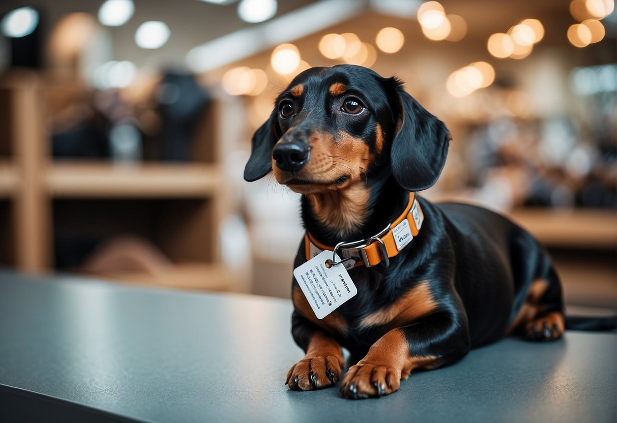 A dachshund being purchased, with a price tag visible