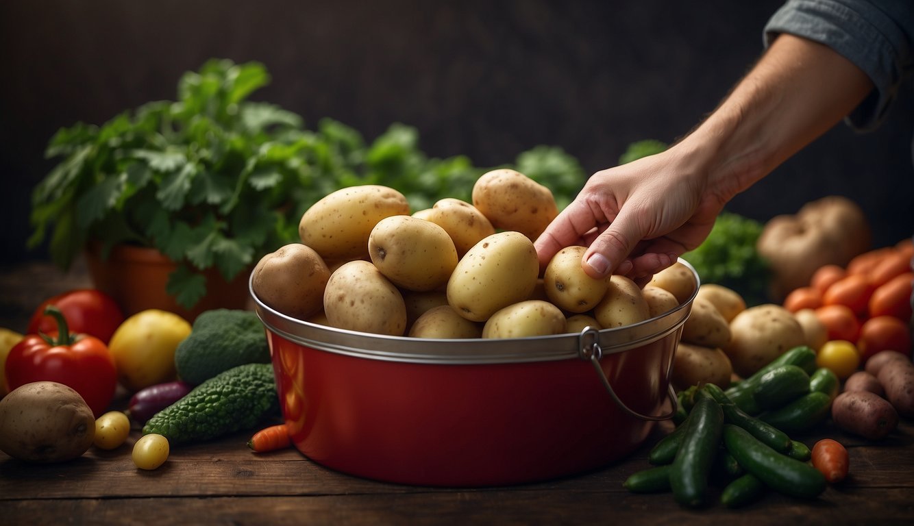 A hand reaches for a red bucket filled with potatoes. The bucket is surrounded by a variety of fresh vegetables