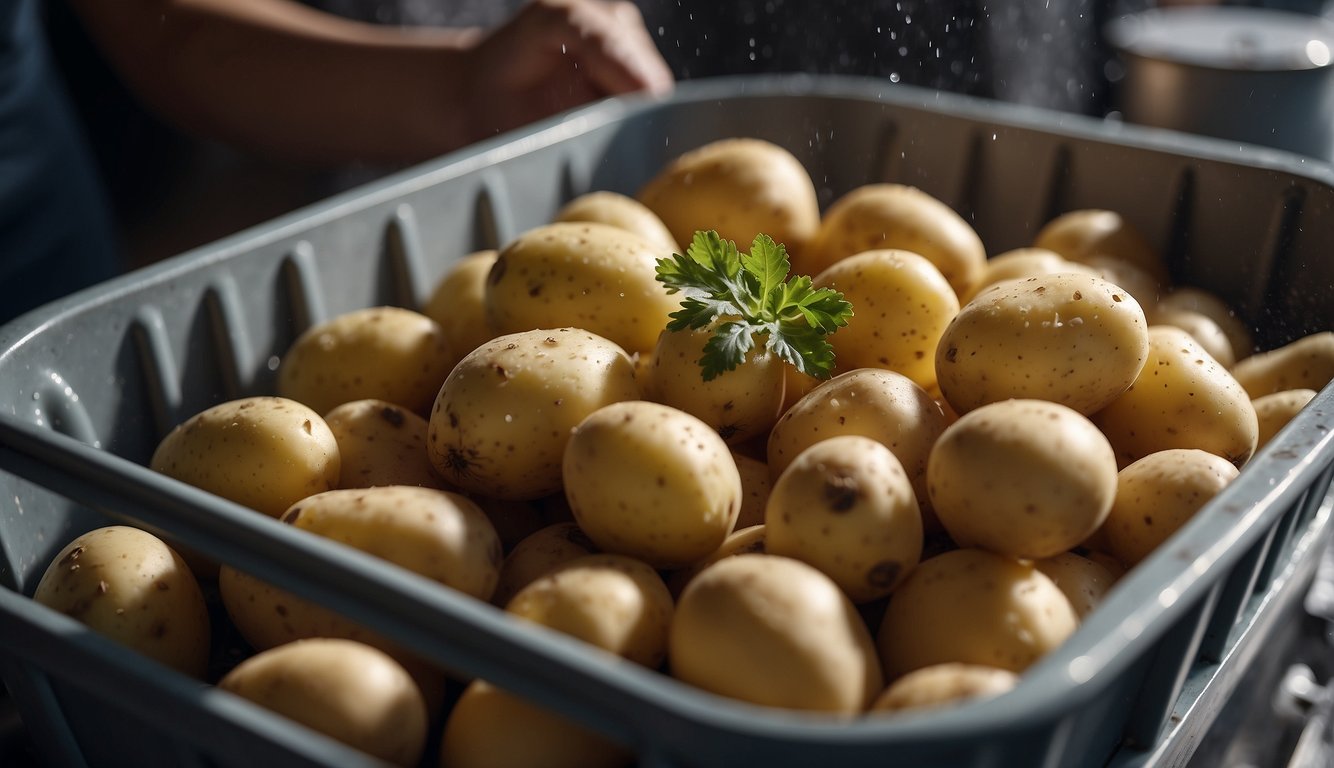 Potatoes being washed in a bucket of water, with a scrubbing brush nearby