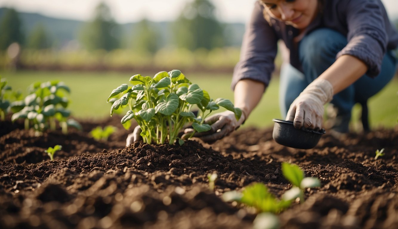 A person fills a bucket with seed potatoes and then plants them in the soil