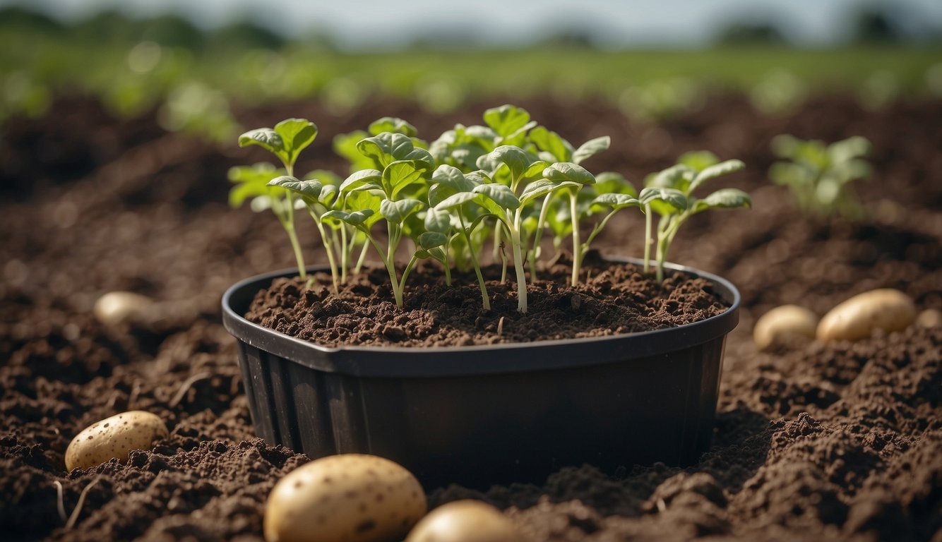 Potato plants grow from seed to sprout in a bucket