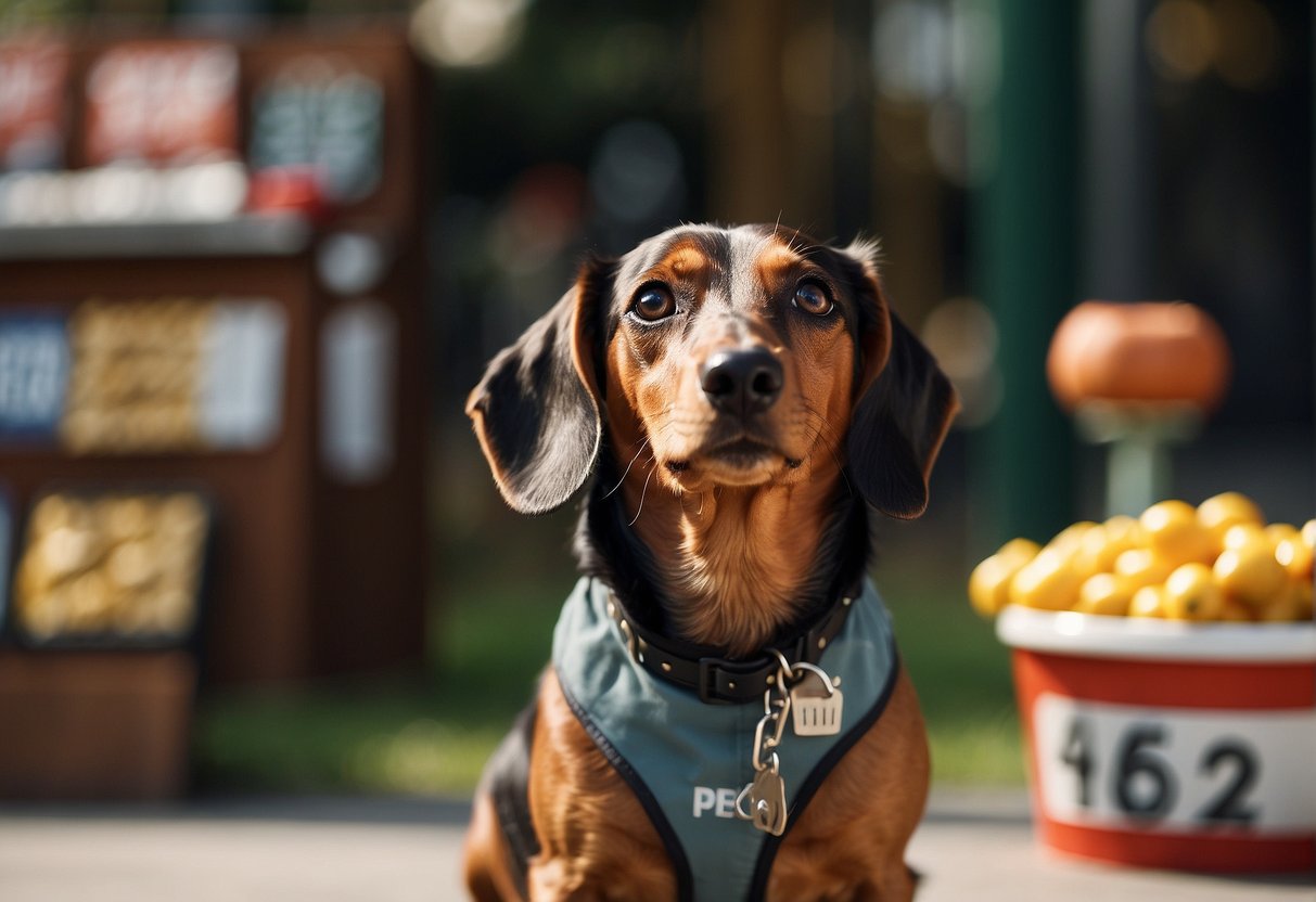 A cute dachshund sitting next to a price sign, with a curious expression on its face