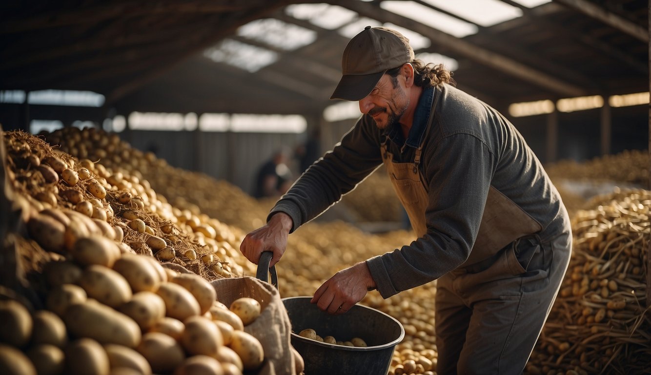 A farmer fills a large bucket with freshly harvested potatoes and places it in a storage shed