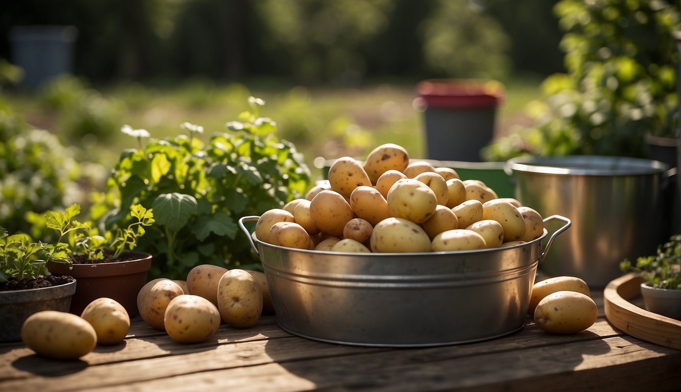 A hand reaches for a bucket of potatoes, ready for reuse after maintenance. The bucket sits on a wooden table, surrounded by other gardening tools