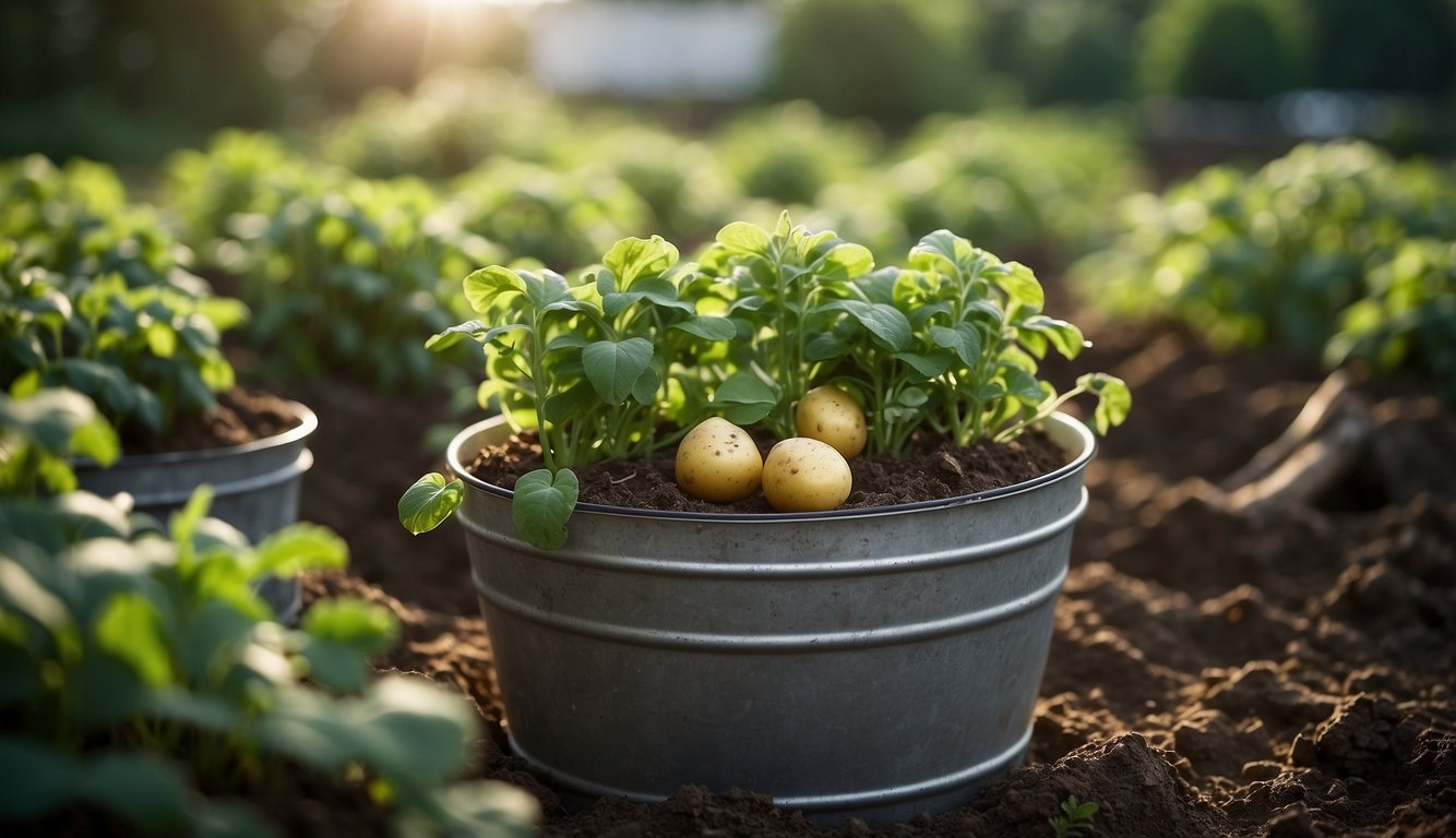 Potatoes growing in a bucket garden, showing healthy plants and a bountiful harvest