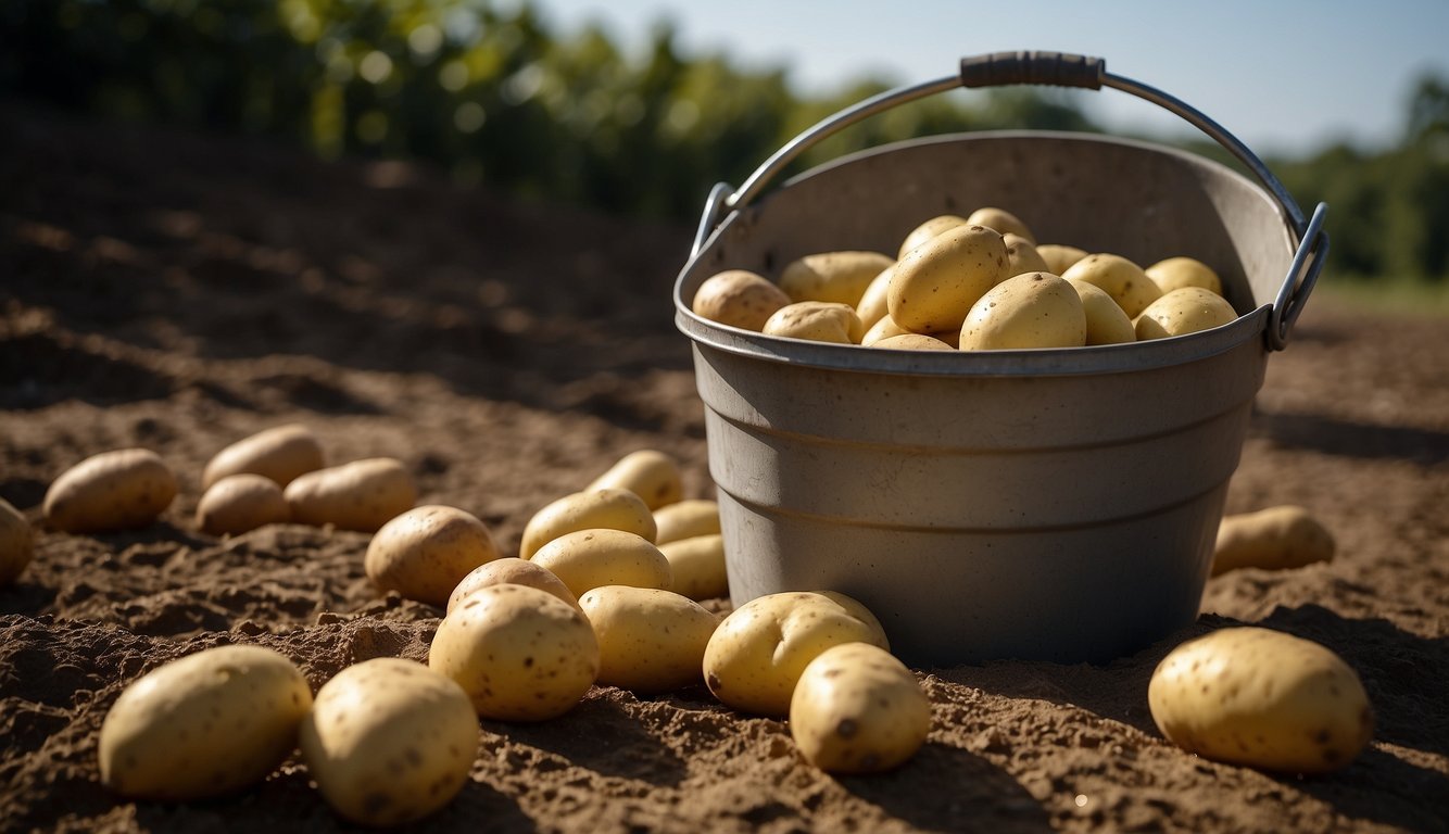 A bucket filled with potatoes, spilling over with some rolling onto the ground