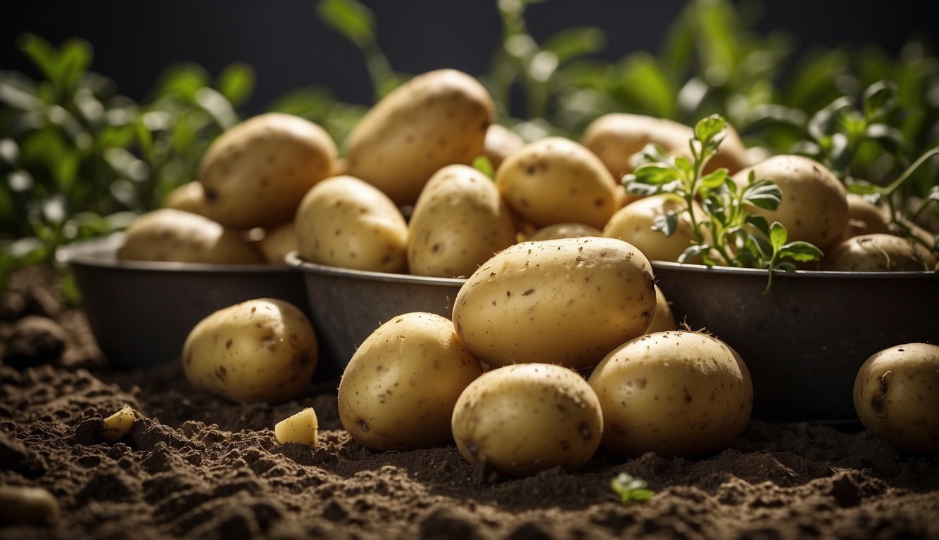 Potatoes spill from a tipped bucket. Some are sprouting, others are bruised. A few have odd growths or discolorations