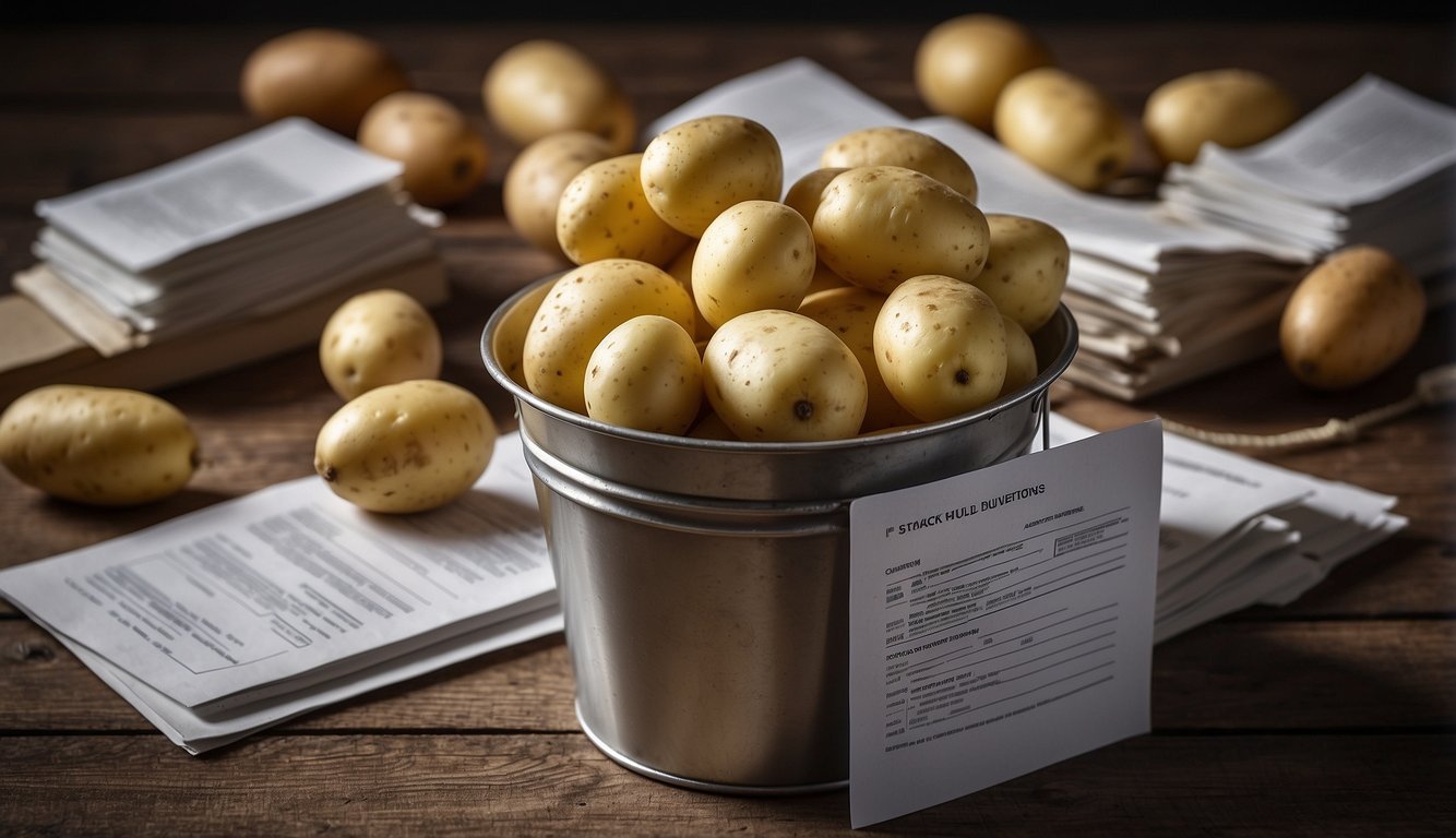 A bucket filled with potatoes surrounded by a stack of Frequently Asked Questions documents
