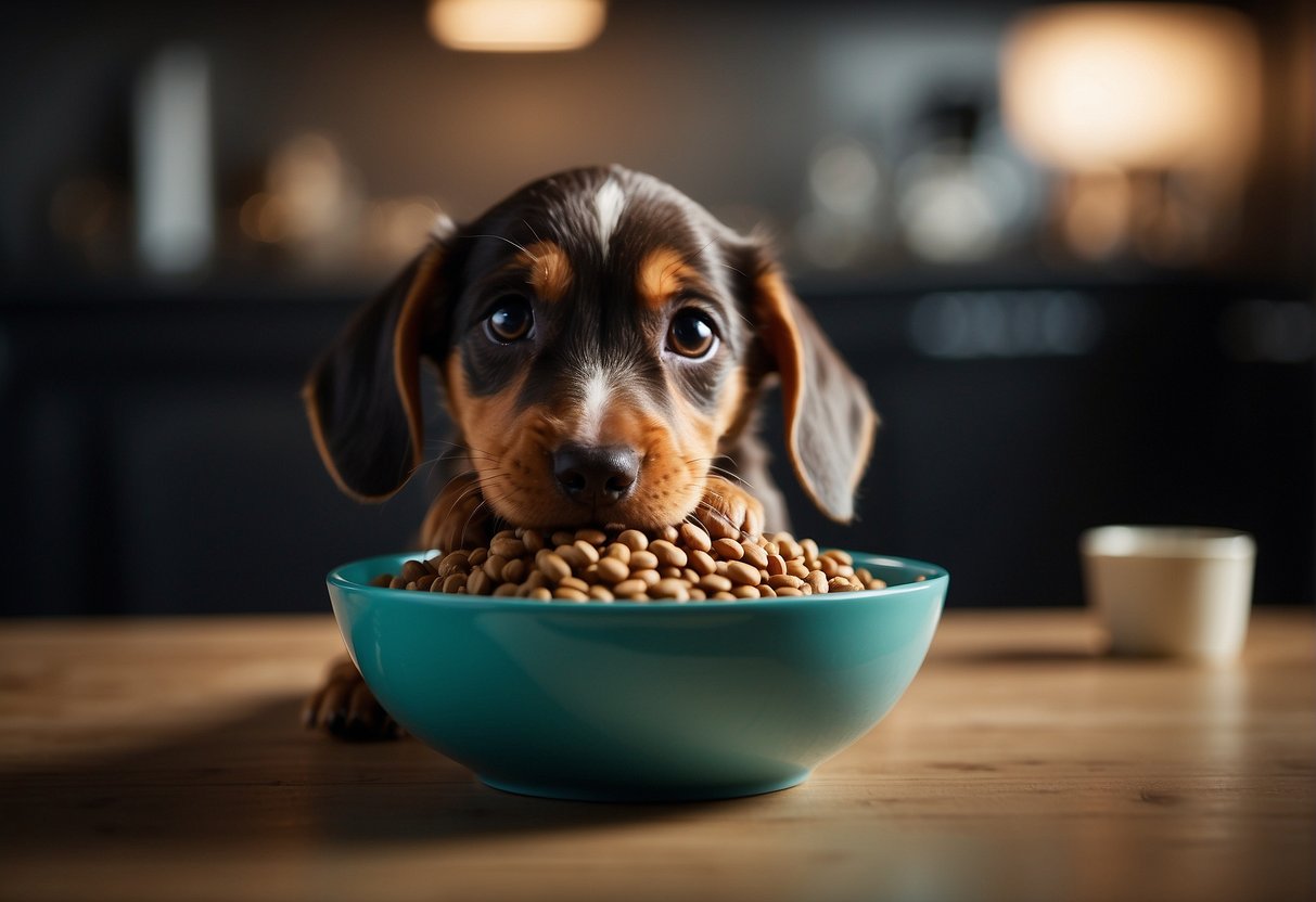 A teckel puppy eagerly awaits as a handful of kibble is poured into a bowl