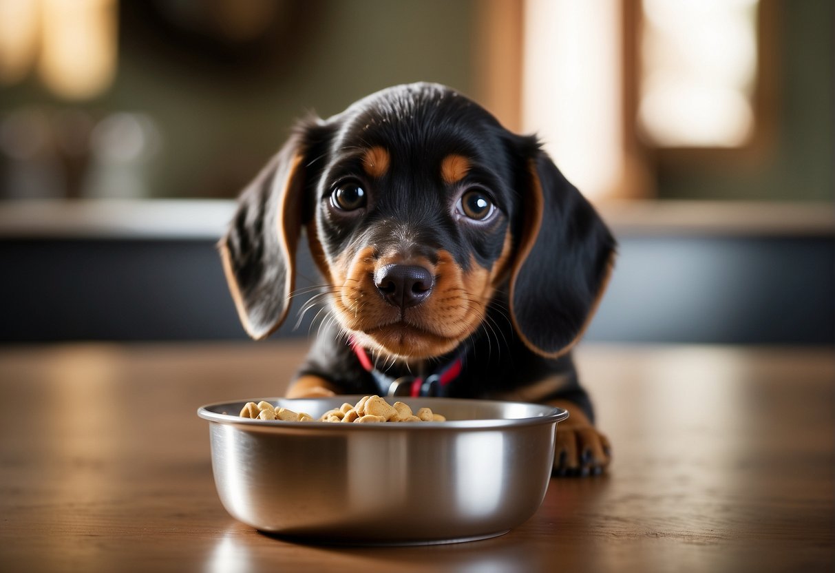 A teckel puppy surrounded by a bowl of kibble, looking up eagerly as it waits for its daily portion of nutritious food