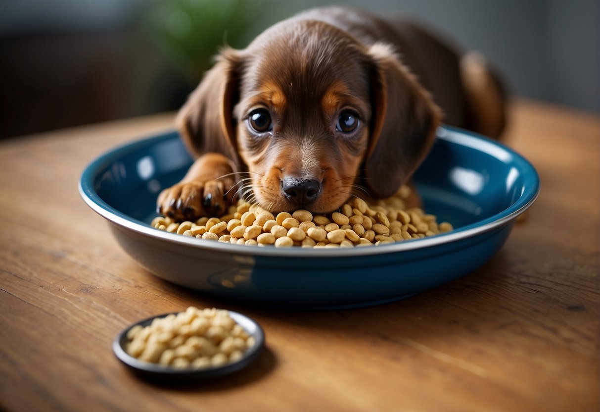 A teckel puppy's daily kibble portion is being measured in grams