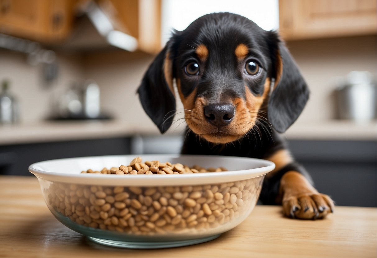 A teckel puppy eagerly awaits as a bowl of kibble is filled with the recommended amount of grams, ready for mealtime