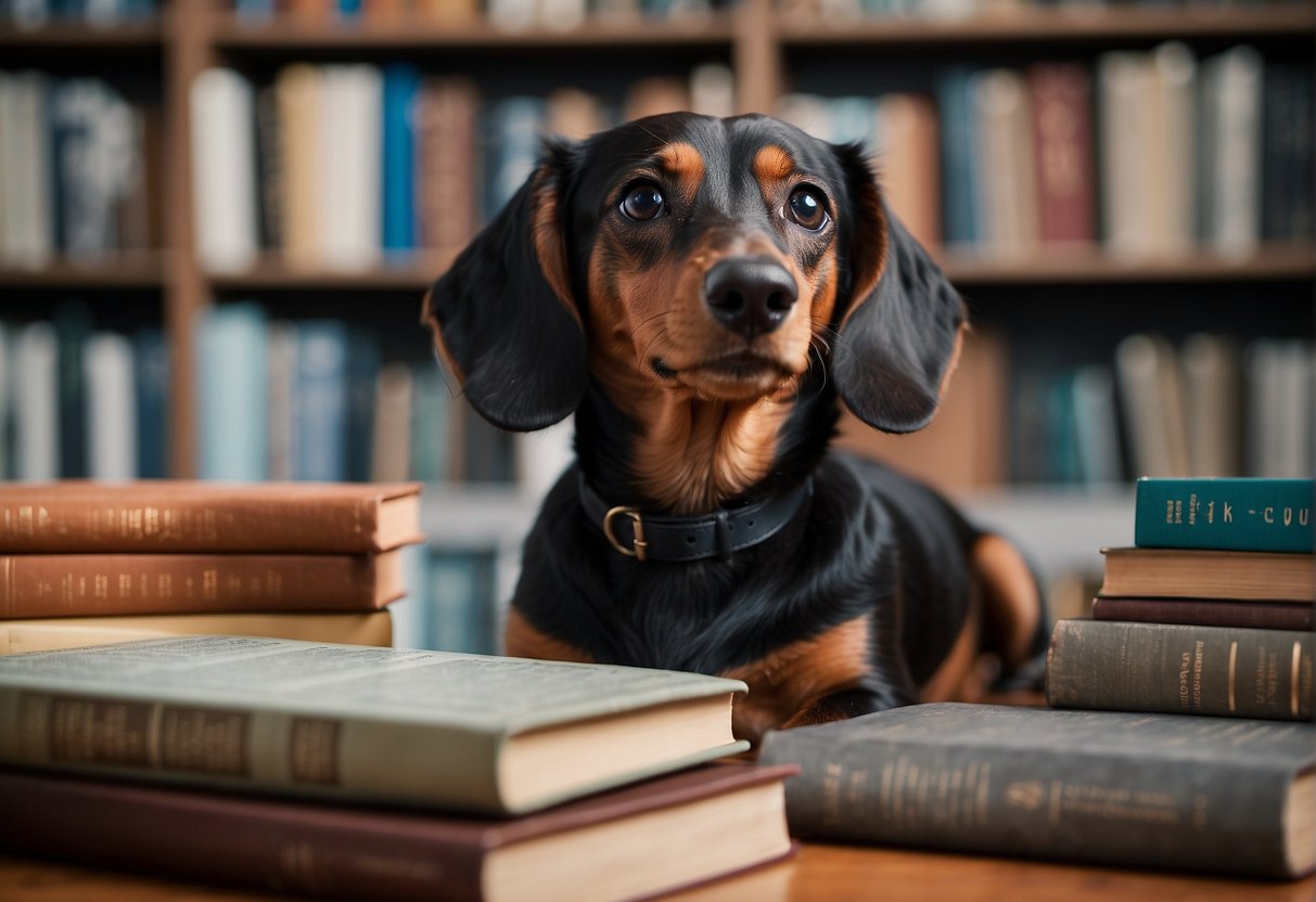 A dachshund sits attentively as a person gestures and speaks to it, surrounded by books and educational materials