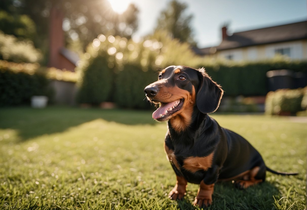 A dachshund barks loudly in a sunny backyard