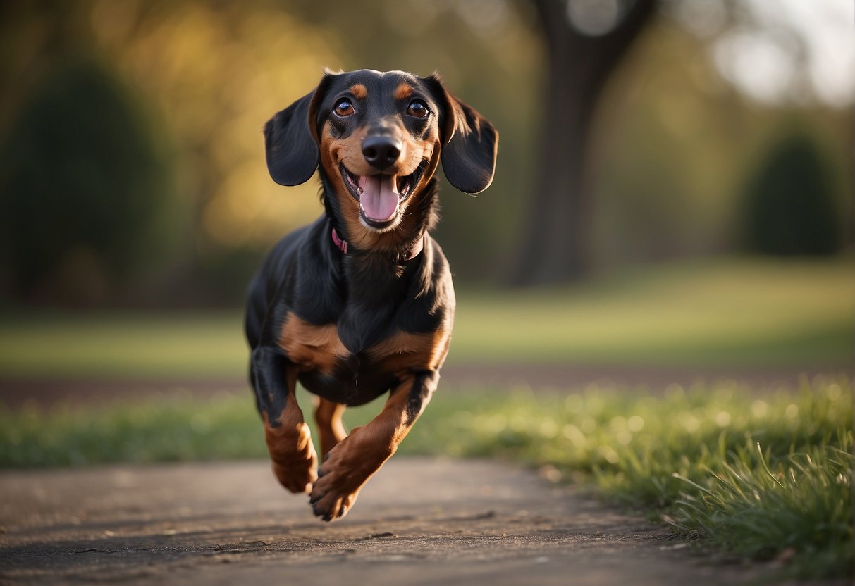 A dachshund barking loudly, standing on its hind legs, ears perked up, tail wagging