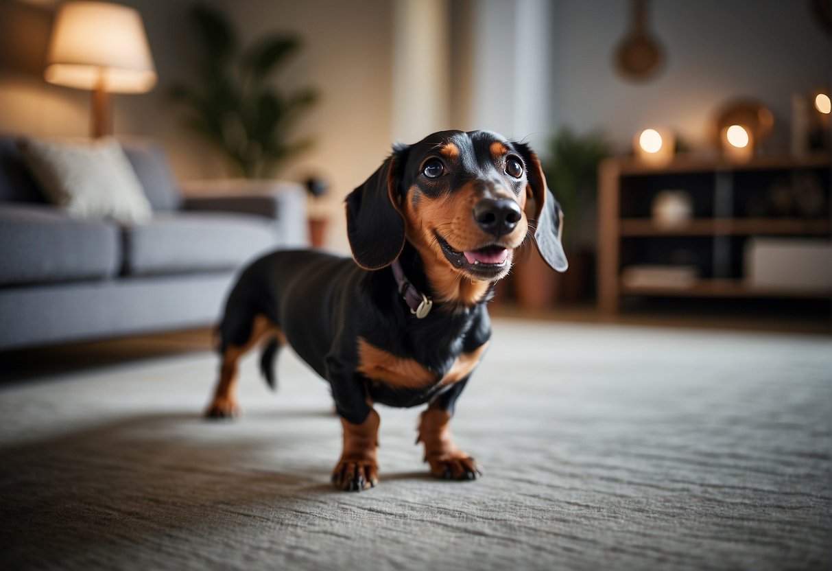 A dachshund barking loudly in a living room