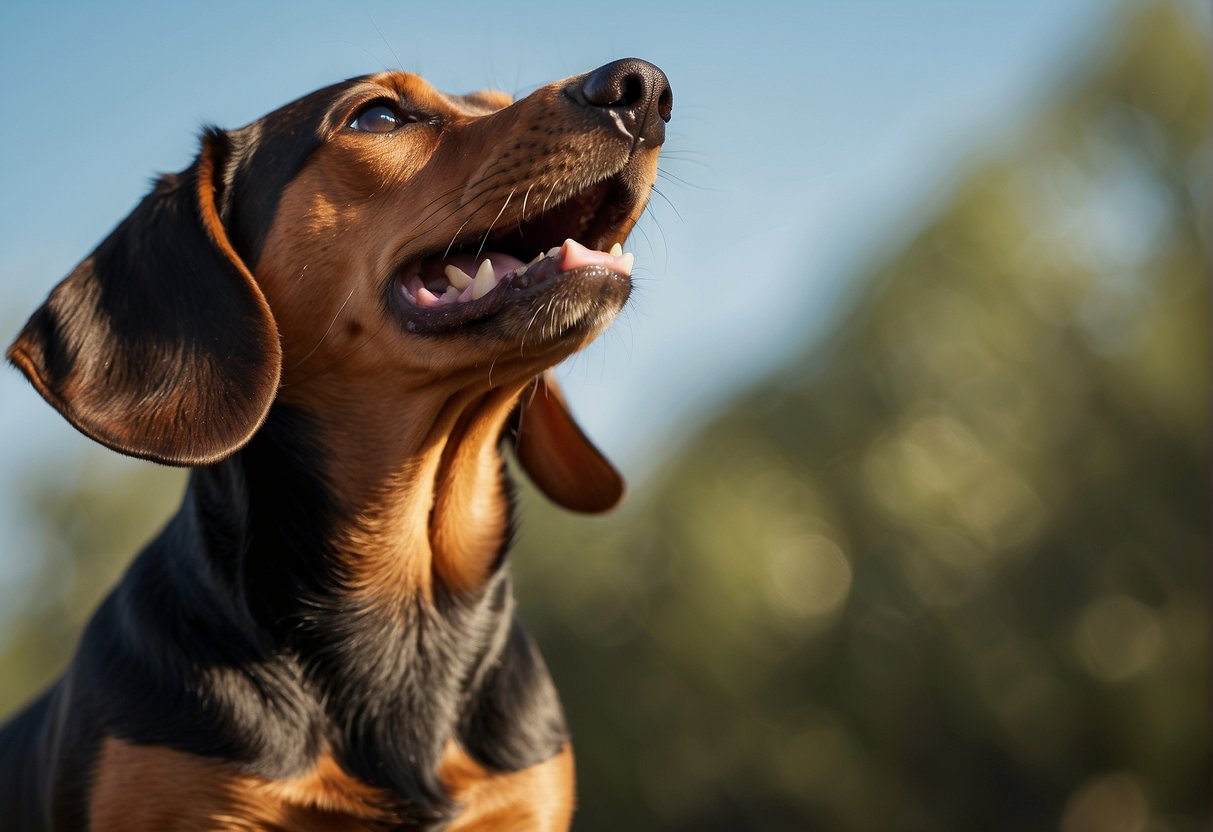 A dachshund barking often, surrounded by question marks