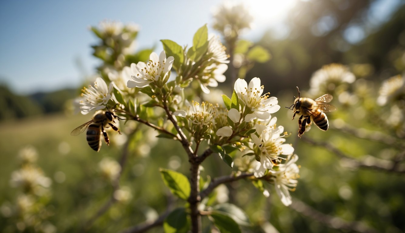 Bees pollinate nut tree flowers. Farmers plant young nut trees in rows