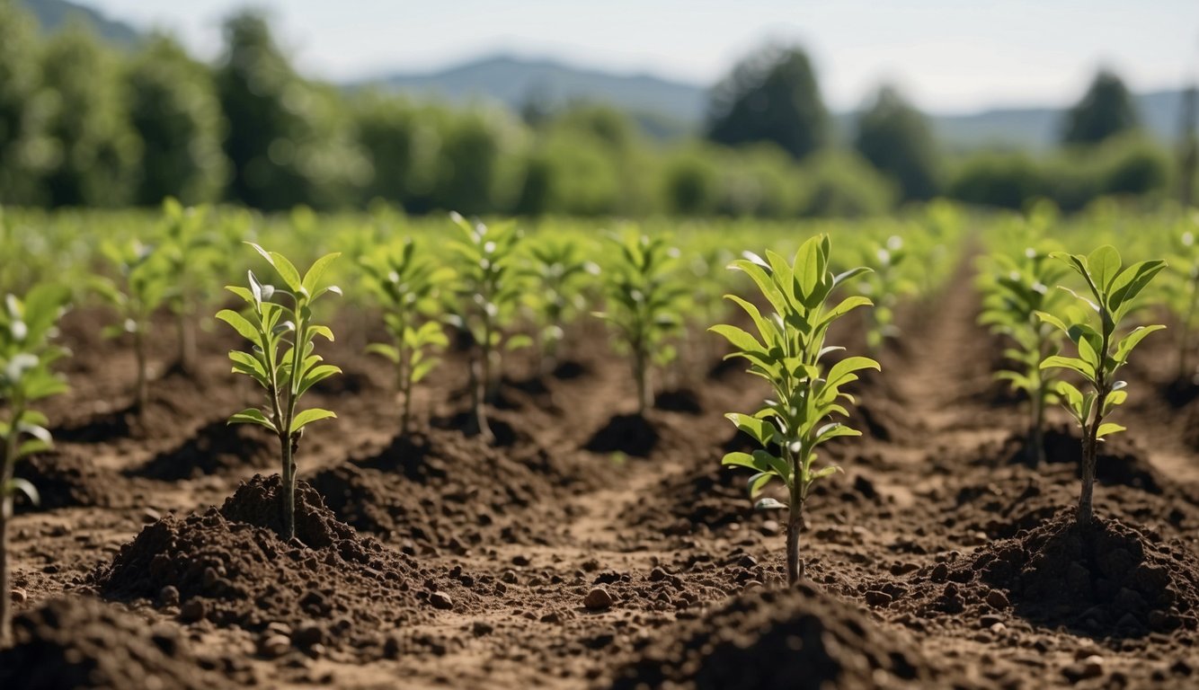 Nut trees are being planted in a well-maintained orchard, with rows of young saplings stretching into the distance. The surrounding landscape is lush and green, indicating a commitment to long-term management and sustainability