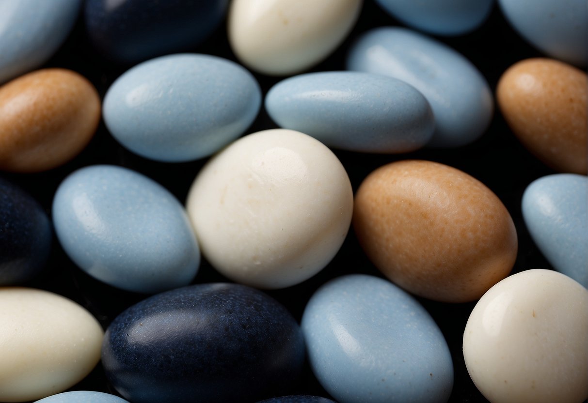 Great northern beans and navy beans sit in separate piles, their creamy white and pale blue colors contrasting against the dark background