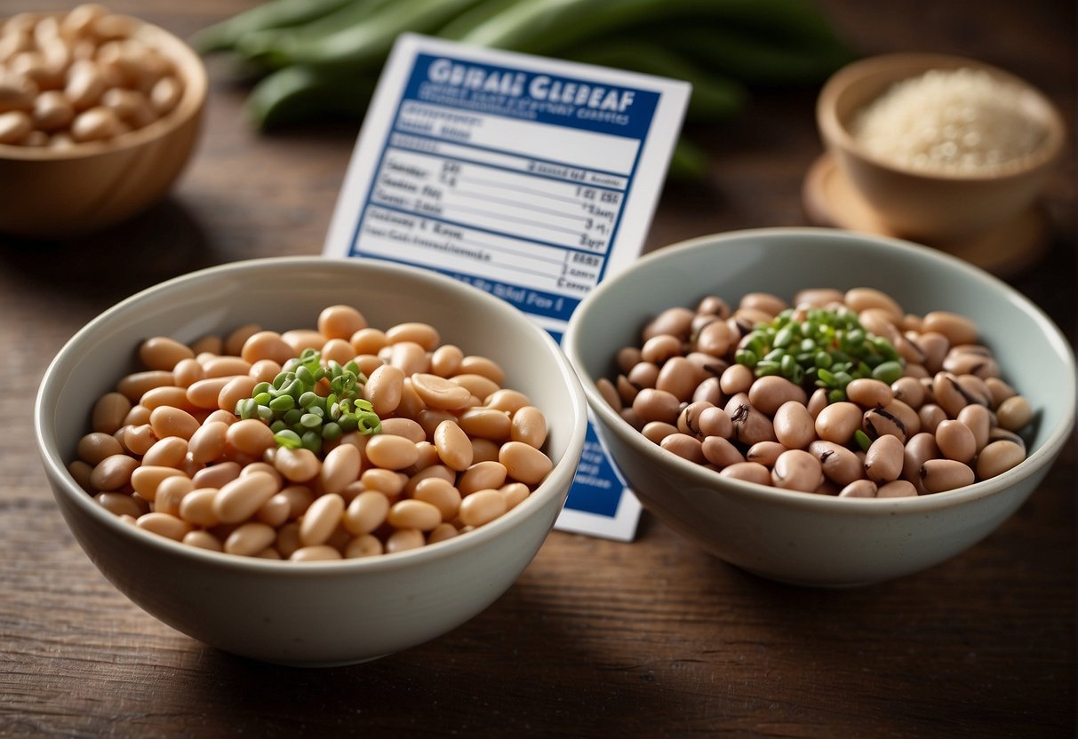 Two bowls of beans side by side, with labels indicating "Great Northern Beans" and "Navy Beans." A nutrition label is placed next to each bowl for comparison