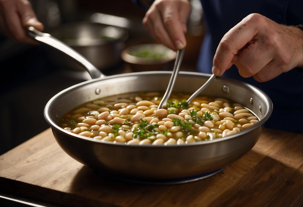 A chef sautés great northern beans in olive oil, adding garlic and herbs. Another chef simmers navy beans in a savory broth, adding ham hock for flavor